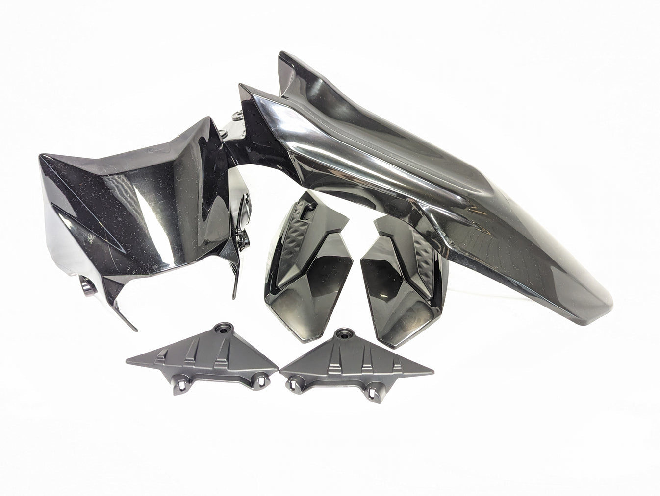 Surron Ultra Bee OEM Black Carbon Plastics Kit - Headlight shroud, Front fender, Skid plate brackets, Brush guards